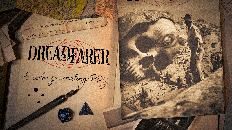 A photograph of several objects arranged on a flat surface: the cover of Dreadfarer, a sepia photograph of an archeological expedition uncovering a massive skull with a third eye, a pen, dice, and other scraps of paper.