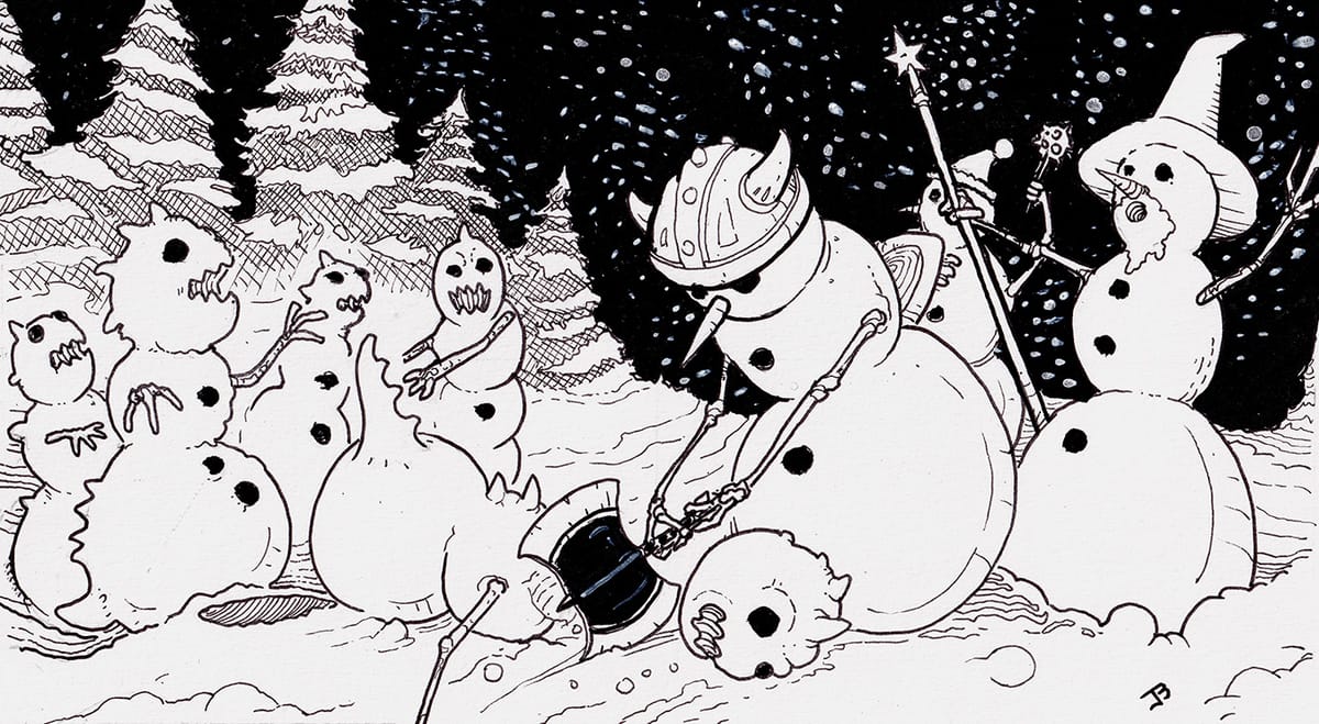 Pen and ink illustration of a snowman beheading another snowman with an axe while a wizard snowman and several others look on