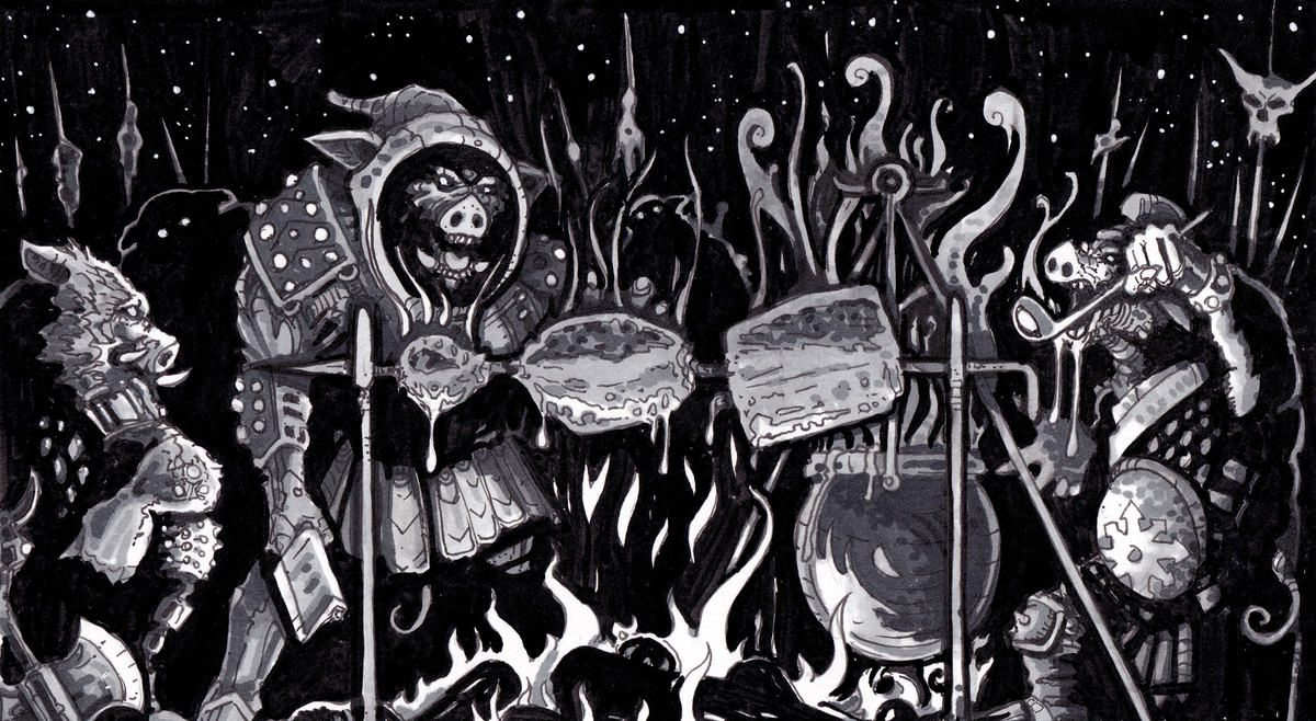A black-and-white ink illustration of a group of pig-faced orcs gather around huge slabs of meat roasting on a spit over a bonfire.