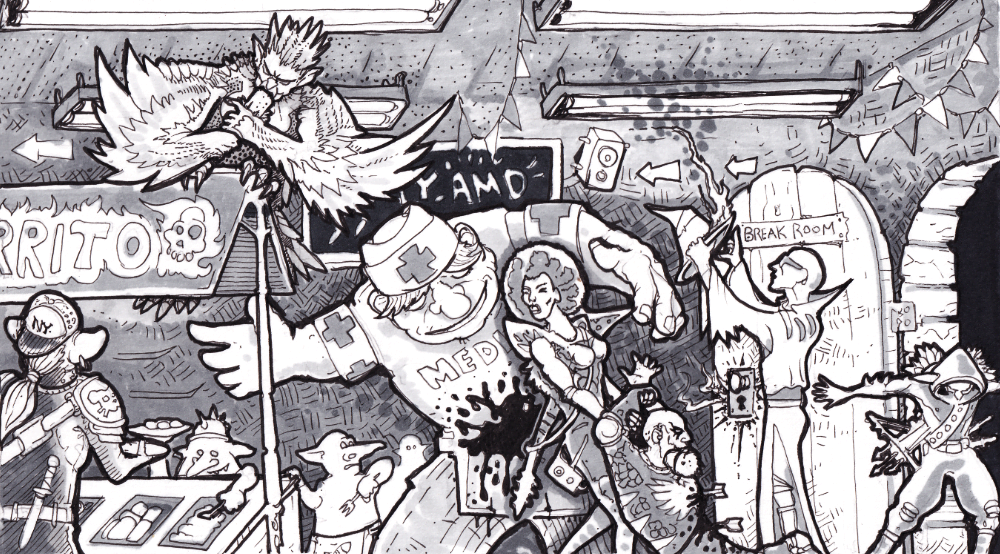 A pen and ink illustration of wounded adventurers being ushered into a break room by a medic.